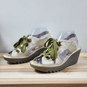 Fly London Ylva Light Gold Metallic, Lace up, Wedges, Size 38 (US Size 7)